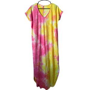 CY Fashion Pink & Yellow Tie-Dye V-Neck Maxi Dress